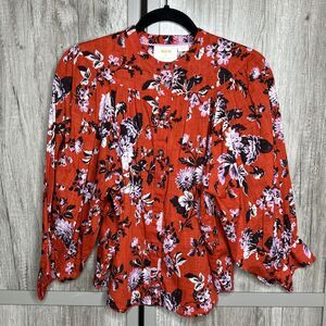 Maeve Button Down Top Blouse Floral Baloon Sleeves Romantic Round Neckline Red S